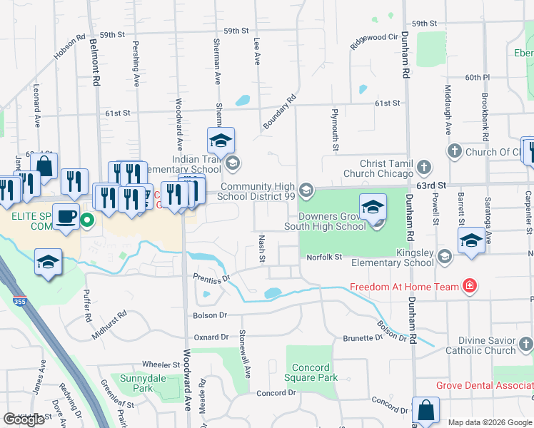 map of restaurants, bars, coffee shops, grocery stores, and more near 1741 Whidden Avenue in Downers Grove