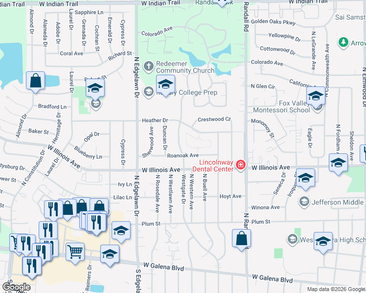 map of restaurants, bars, coffee shops, grocery stores, and more near 750 Westgate Drive in Aurora