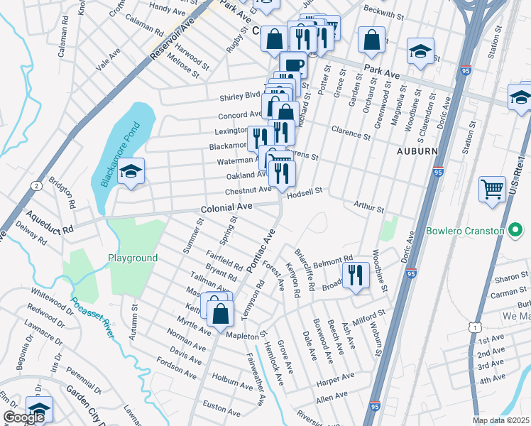 map of restaurants, bars, coffee shops, grocery stores, and more near 565 Pontiac Avenue in Cranston