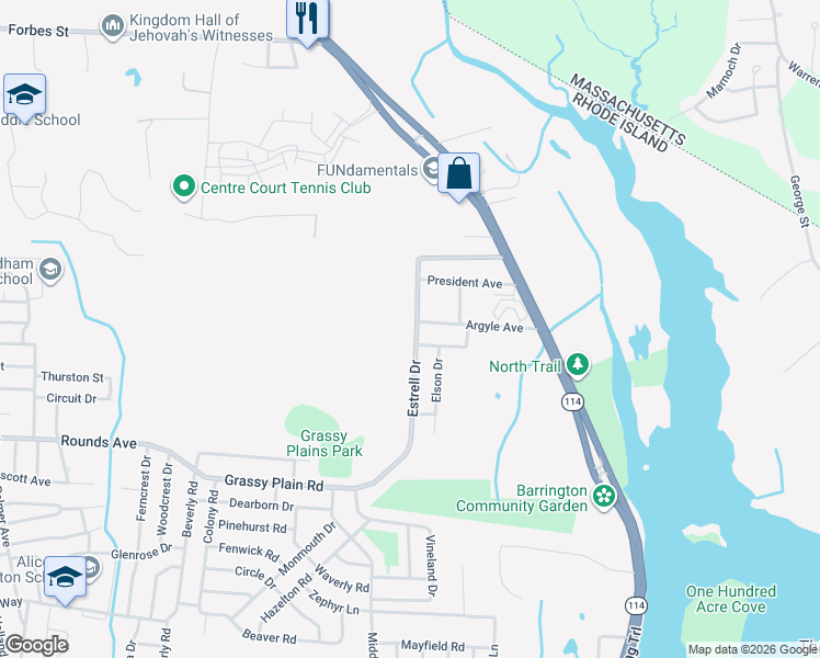 map of restaurants, bars, coffee shops, grocery stores, and more near 95 Argyle Avenue in East Providence