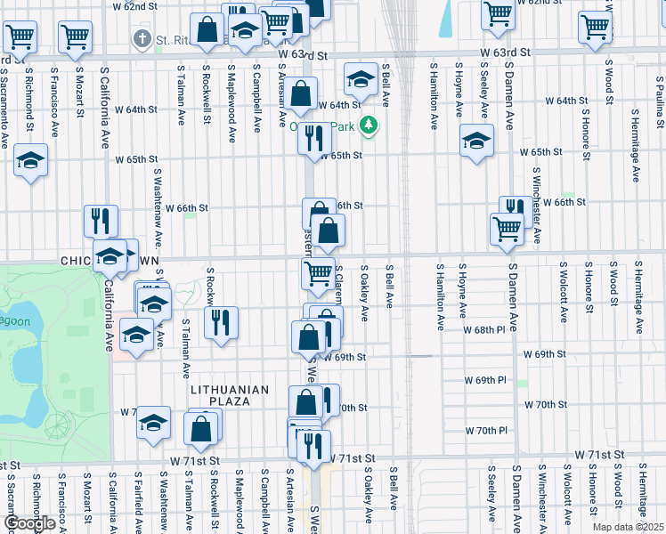 map of restaurants, bars, coffee shops, grocery stores, and more near 6710 South Claremont Avenue in Chicago