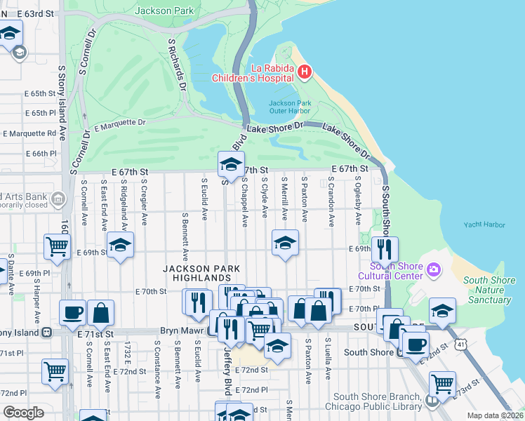 map of restaurants, bars, coffee shops, grocery stores, and more near 6802 South Clyde Avenue in Chicago