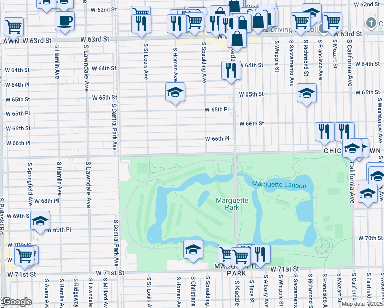 map of restaurants, bars, coffee shops, grocery stores, and more near West 67th Street in Chicago