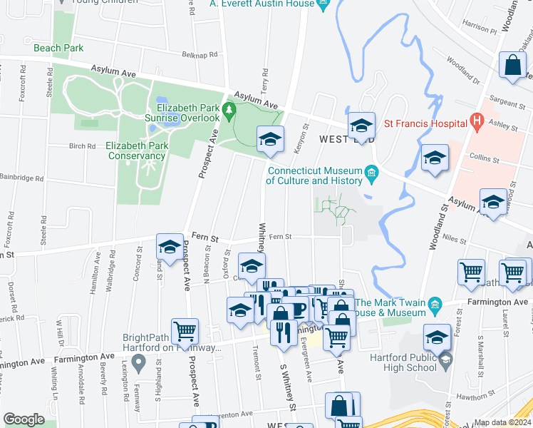 map of restaurants, bars, coffee shops, grocery stores, and more near 150 Whitney Street in Hartford