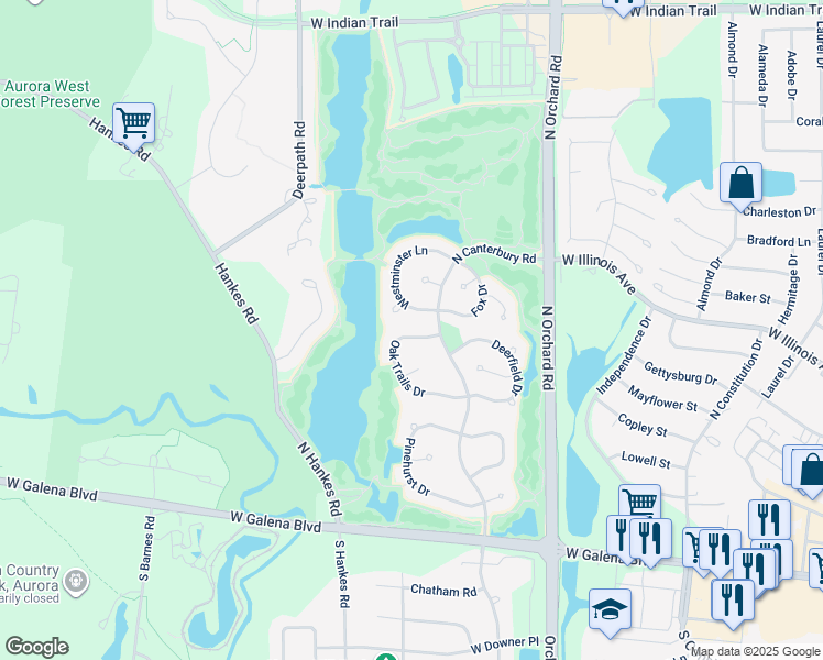 map of restaurants, bars, coffee shops, grocery stores, and more near 2578 Oak Trails Drive in Aurora