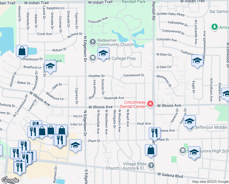 map of restaurants, bars, coffee shops, grocery stores, and more near 750 Westgate Drive in Aurora