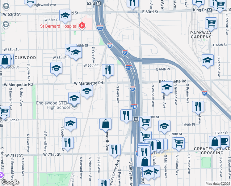 map of restaurants, bars, coffee shops, grocery stores, and more near 6724 South Perry Avenue in Chicago