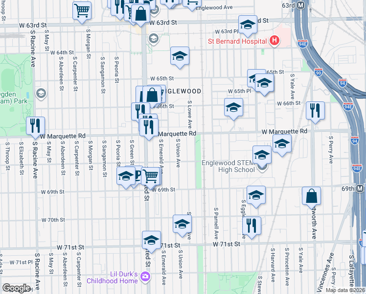 map of restaurants, bars, coffee shops, grocery stores, and more near 6716 South Union Avenue in Chicago