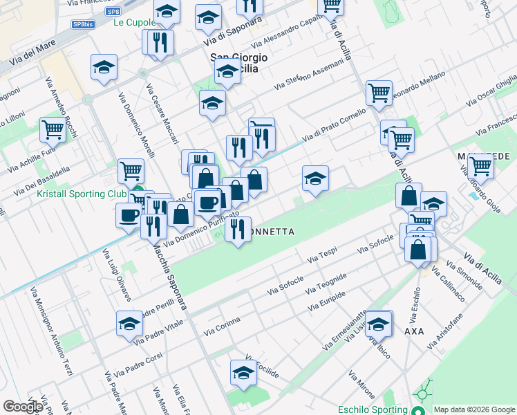 map of restaurants, bars, coffee shops, grocery stores, and more near 265 Via Domenico Purificato in Città metropolitana di Roma Capitale