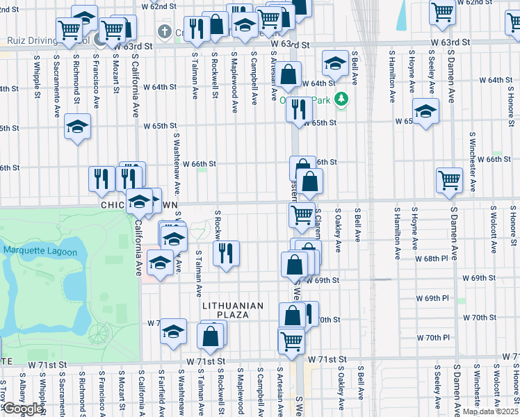 map of restaurants, bars, coffee shops, grocery stores, and more near 6705 South Campbell Avenue in Chicago