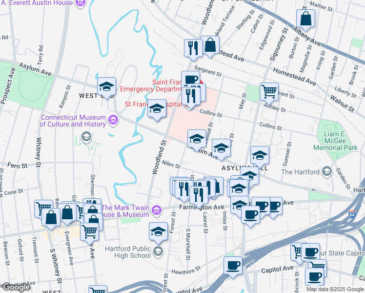 map of restaurants, bars, coffee shops, grocery stores, and more near 1000 Asylum Avenue in Hartford