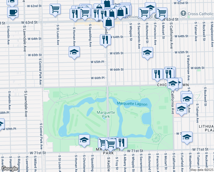 map of restaurants, bars, coffee shops, grocery stores, and more near S Kedzie Ave & W 67th St in Chicago
