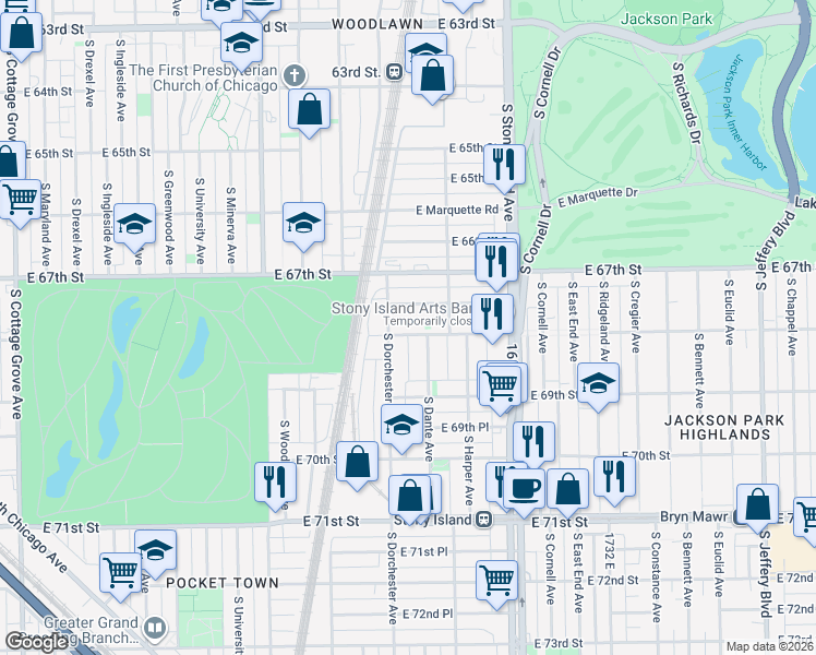 map of restaurants, bars, coffee shops, grocery stores, and more near 1416 East 68th Street in Chicago