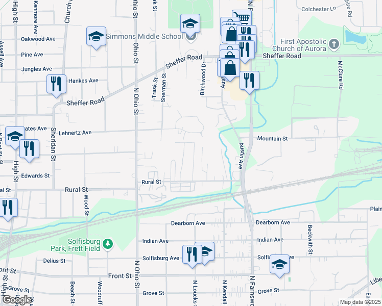 map of restaurants, bars, coffee shops, grocery stores, and more near 47 Margaret's Lane in Aurora