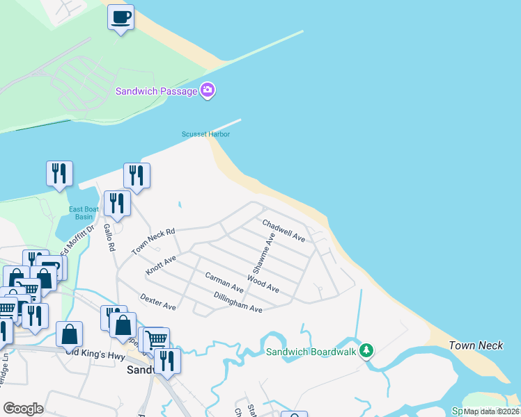 map of restaurants, bars, coffee shops, grocery stores, and more near 94 Town Neck Road in Sandwich