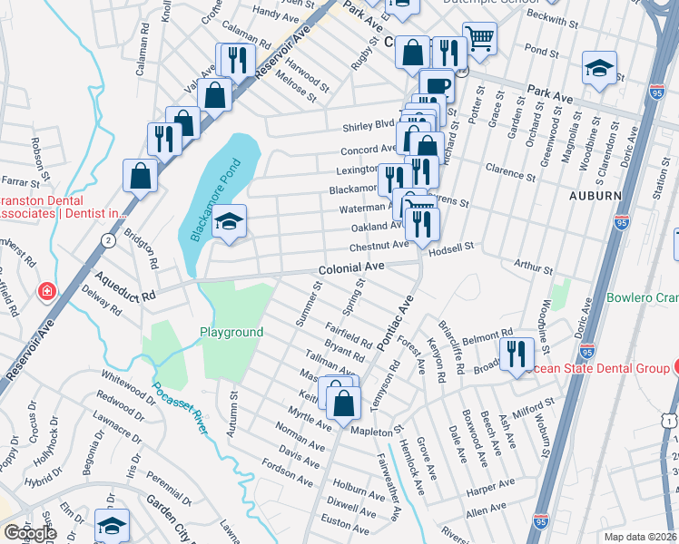 map of restaurants, bars, coffee shops, grocery stores, and more near 75 Colonial Avenue in Cranston