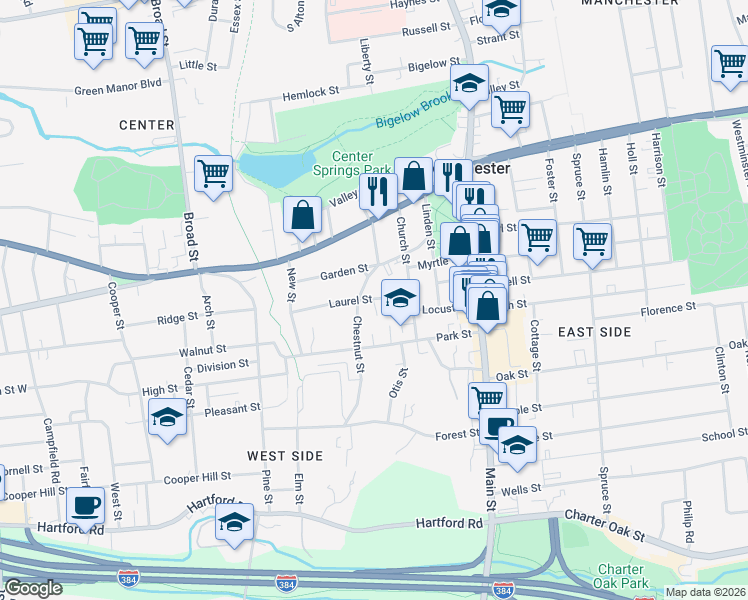 map of restaurants, bars, coffee shops, grocery stores, and more near 23 Laurel Street in Manchester