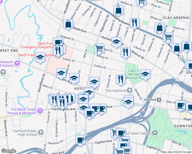 map of restaurants, bars, coffee shops, grocery stores, and more near 57 Huntington Street in Hartford