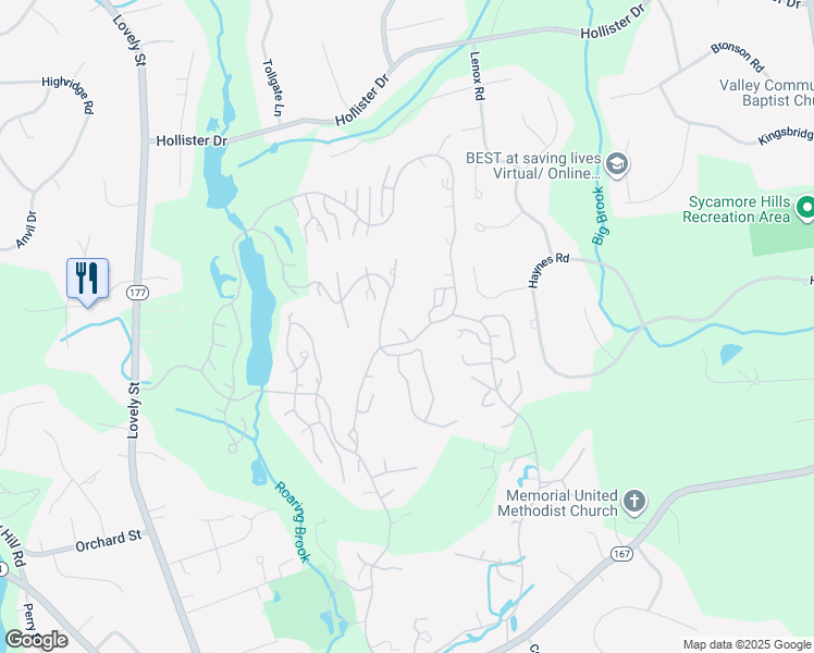 map of restaurants, bars, coffee shops, grocery stores, and more near 6 Redwood Lane in Avon