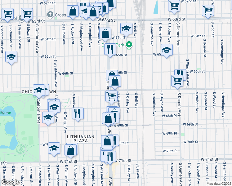 map of restaurants, bars, coffee shops, grocery stores, and more near 2339 West Marquette Road in Chicago