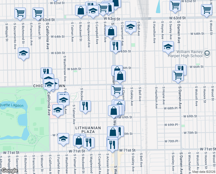 map of restaurants, bars, coffee shops, grocery stores, and more near 2408 West Marquette Road in Chicago