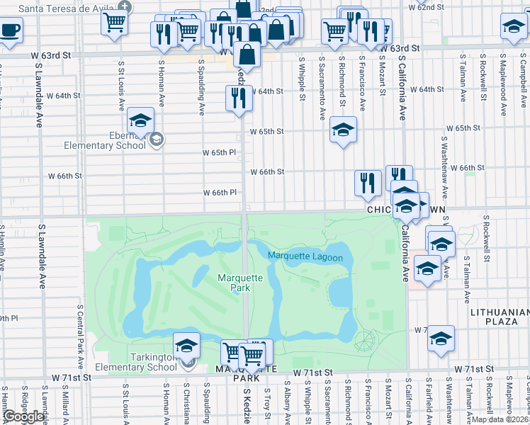 map of restaurants, bars, coffee shops, grocery stores, and more near 3134 West Marquette Road in Chicago