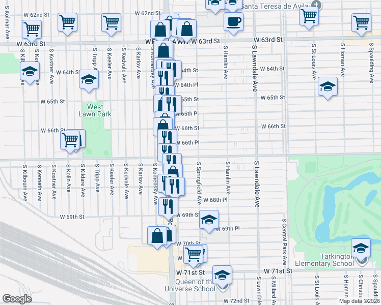 map of restaurants, bars, coffee shops, grocery stores, and more near 3937 West 66th Place in Chicago