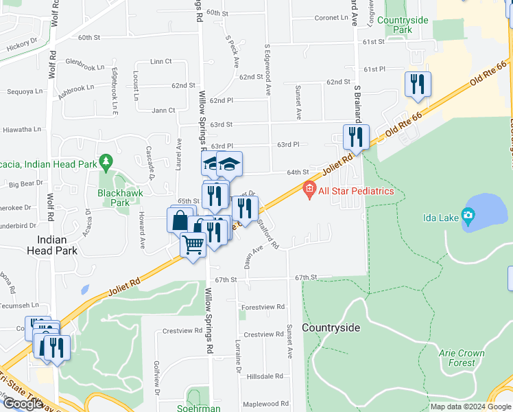 map of restaurants, bars, coffee shops, grocery stores, and more near 6475 Joliet Road in Countryside