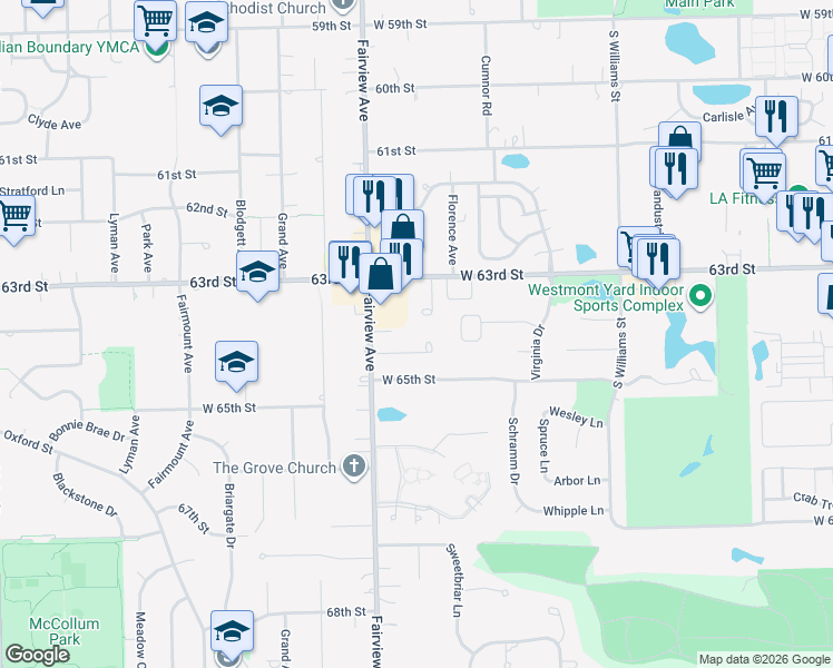 map of restaurants, bars, coffee shops, grocery stores, and more near 1245 Connamara Court in Westmont