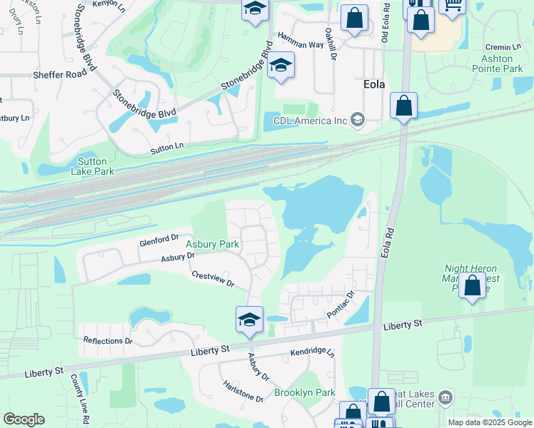map of restaurants, bars, coffee shops, grocery stores, and more near 1033 Woodview Court in Aurora