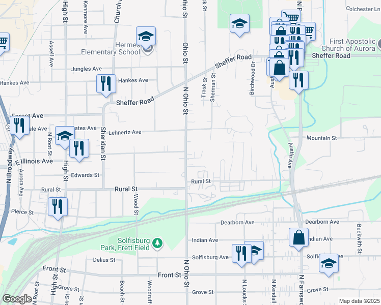 map of restaurants, bars, coffee shops, grocery stores, and more near in Aurora