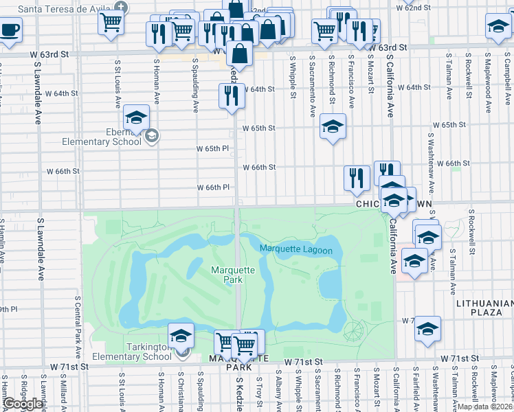 map of restaurants, bars, coffee shops, grocery stores, and more near 3134 West Marquette Road in Chicago