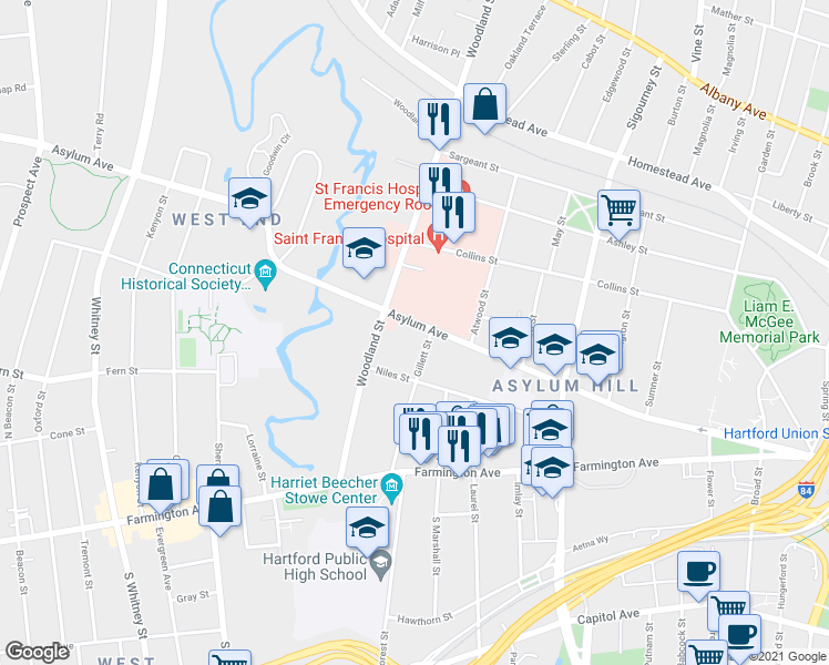 map of restaurants, bars, coffee shops, grocery stores, and more near 1039 Asylum Avenue in Hartford