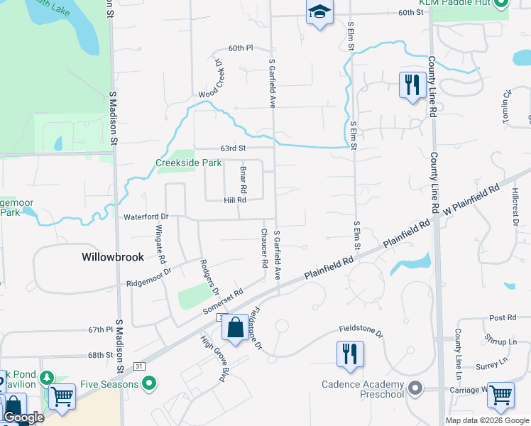 map of restaurants, bars, coffee shops, grocery stores, and more near 125 Hill Road in Willowbrook