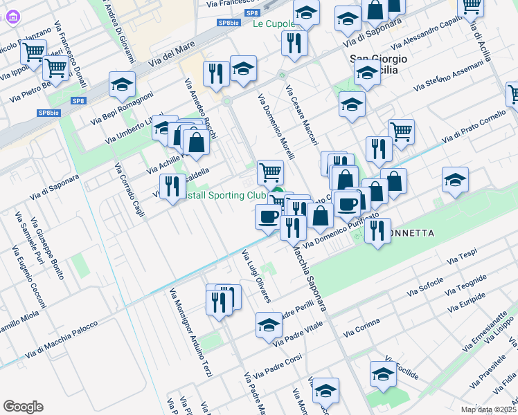 map of restaurants, bars, coffee shops, grocery stores, and more near Via Padre Natalino Sartor in Acilia-Castel Fusano-Ostia Antica