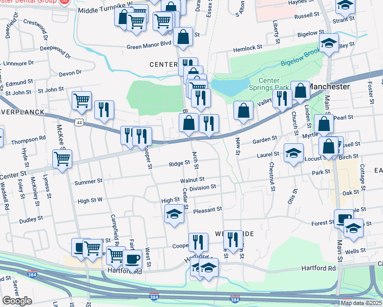 map of restaurants, bars, coffee shops, grocery stores, and more near 22 Arch Street in Manchester