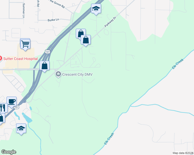 map of restaurants, bars, coffee shops, grocery stores, and more near 1000 Malaney Drive in Crescent City