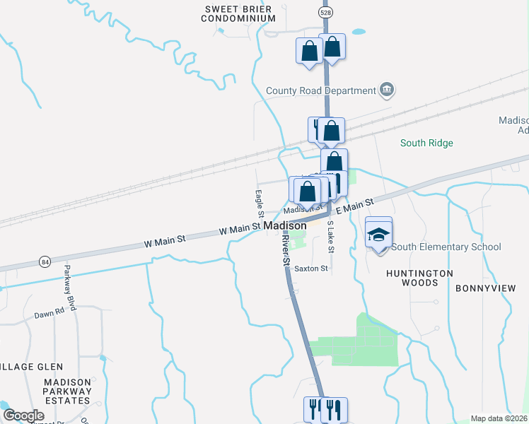 map of restaurants, bars, coffee shops, grocery stores, and more near 21 Madison Street in Madison