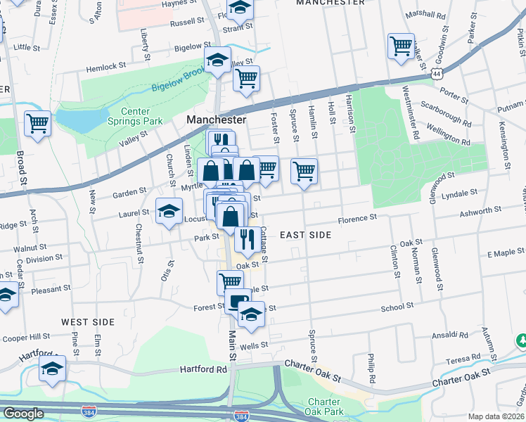 map of restaurants, bars, coffee shops, grocery stores, and more near 44 Bissell Street in Manchester