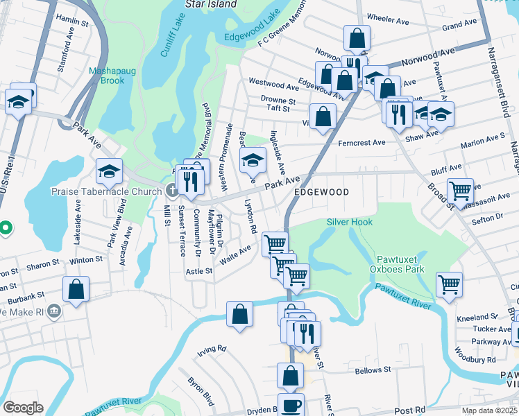 map of restaurants, bars, coffee shops, grocery stores, and more near 27 Denver Avenue in Cranston