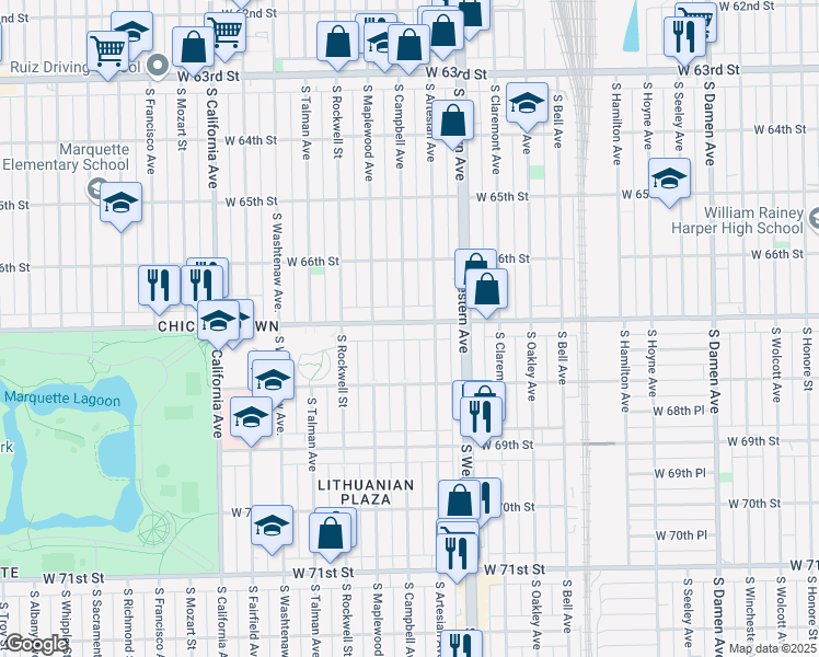 map of restaurants, bars, coffee shops, grocery stores, and more near 2455 West Marquette Road in Chicago