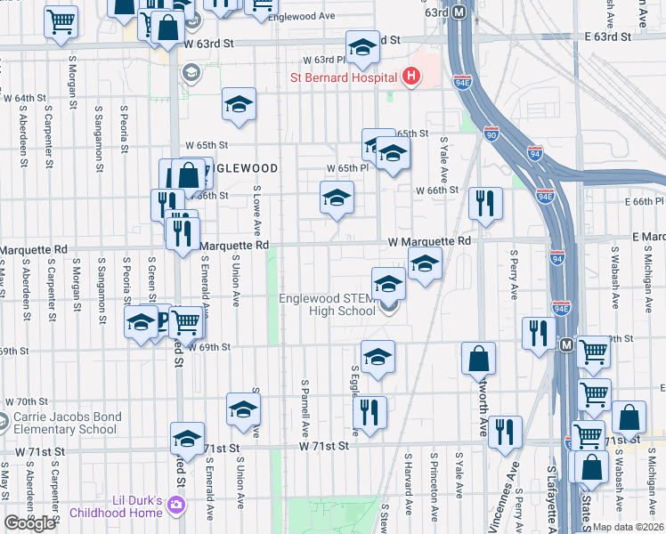 map of restaurants, bars, coffee shops, grocery stores, and more near 6716 South Normal Boulevard in Chicago