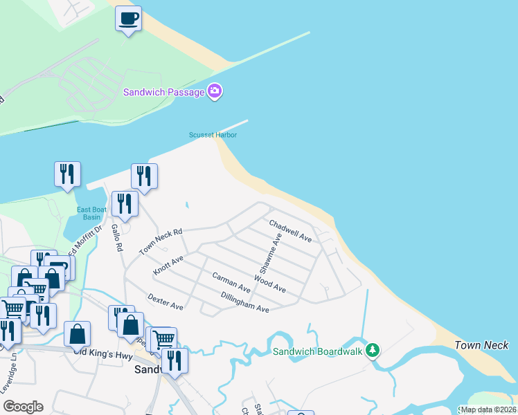 map of restaurants, bars, coffee shops, grocery stores, and more near 94 Town Neck Road in Sandwich
