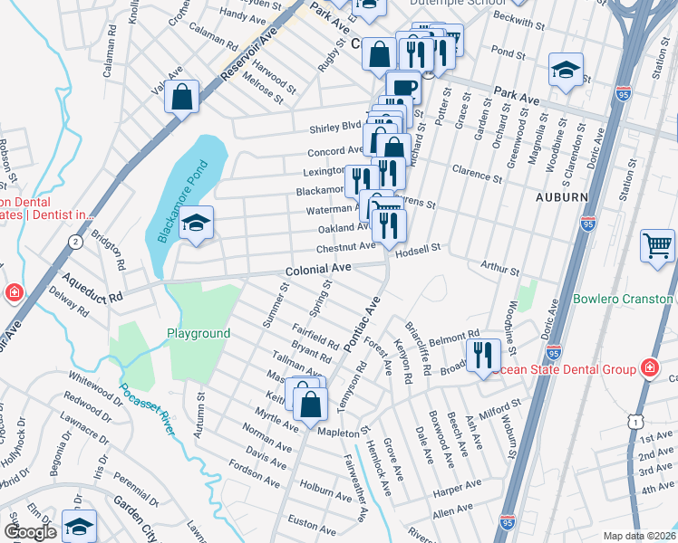 map of restaurants, bars, coffee shops, grocery stores, and more near 50 Colonial Avenue in Cranston