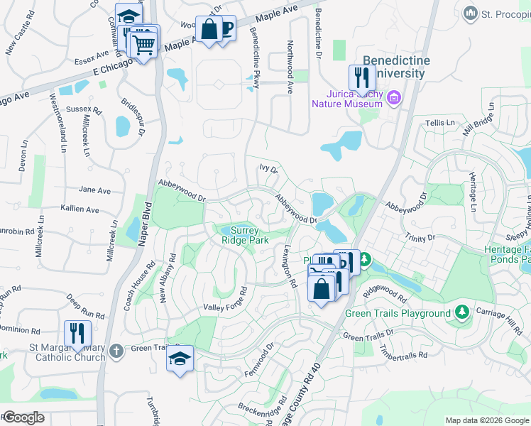 map of restaurants, bars, coffee shops, grocery stores, and more near 2668 Longview Drive in Lisle