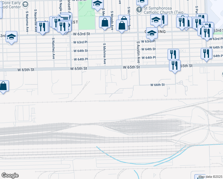 map of restaurants, bars, coffee shops, grocery stores, and more near 6249 West 66th Place in Bedford Park