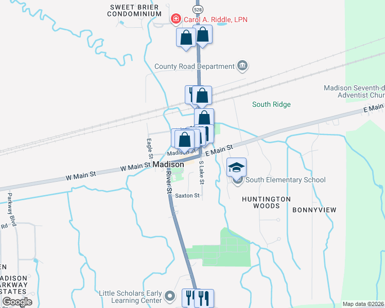 map of restaurants, bars, coffee shops, grocery stores, and more near 22 West Main Street in Madison