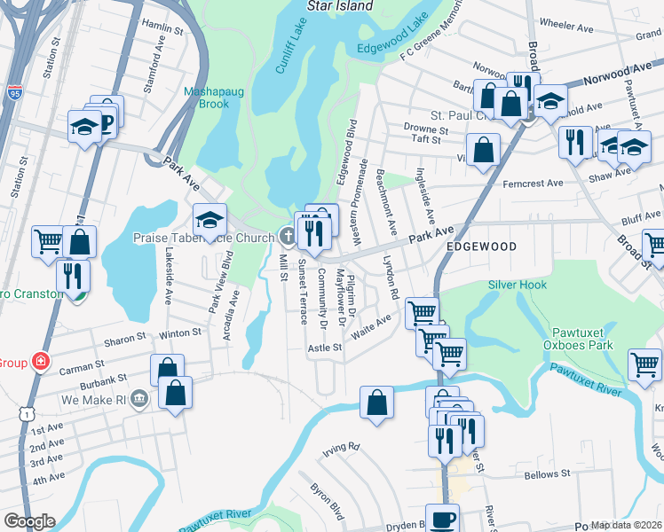 map of restaurants, bars, coffee shops, grocery stores, and more near 1536 Park Avenue in Cranston