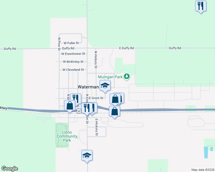 map of restaurants, bars, coffee shops, grocery stores, and more near 315 North Maple Street in Waterman