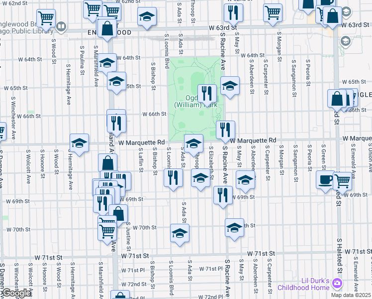 map of restaurants, bars, coffee shops, grocery stores, and more near 6715 South Ada Street in Chicago